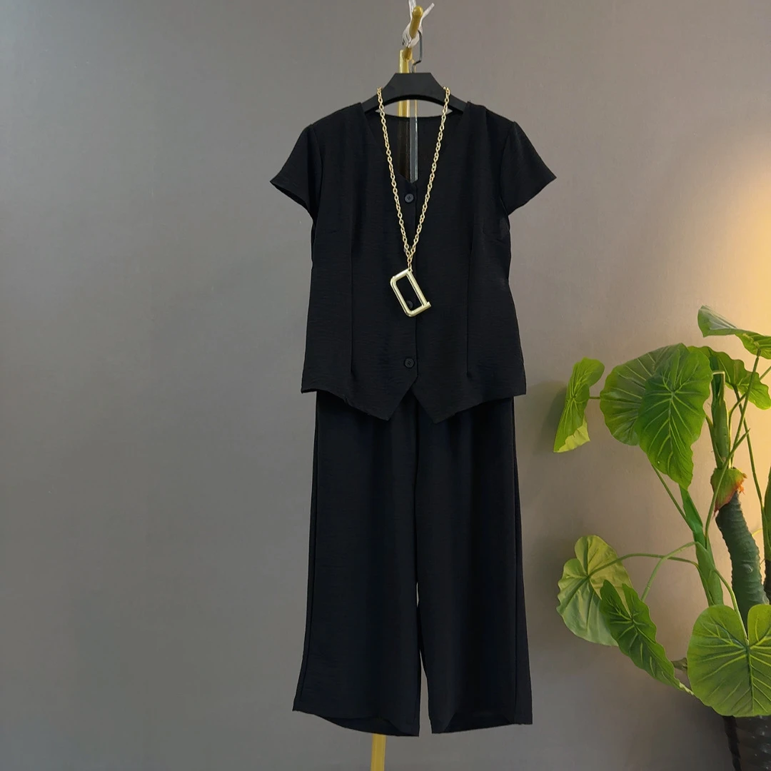 工装风阔腿裤时尚套装休闲风西装八分裤大码轻奢胖mm套装