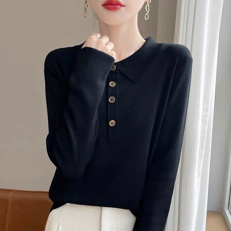 6649 时尚翻领宽松秋冬套头上衣高级感Polo领复古针织衫毛衣