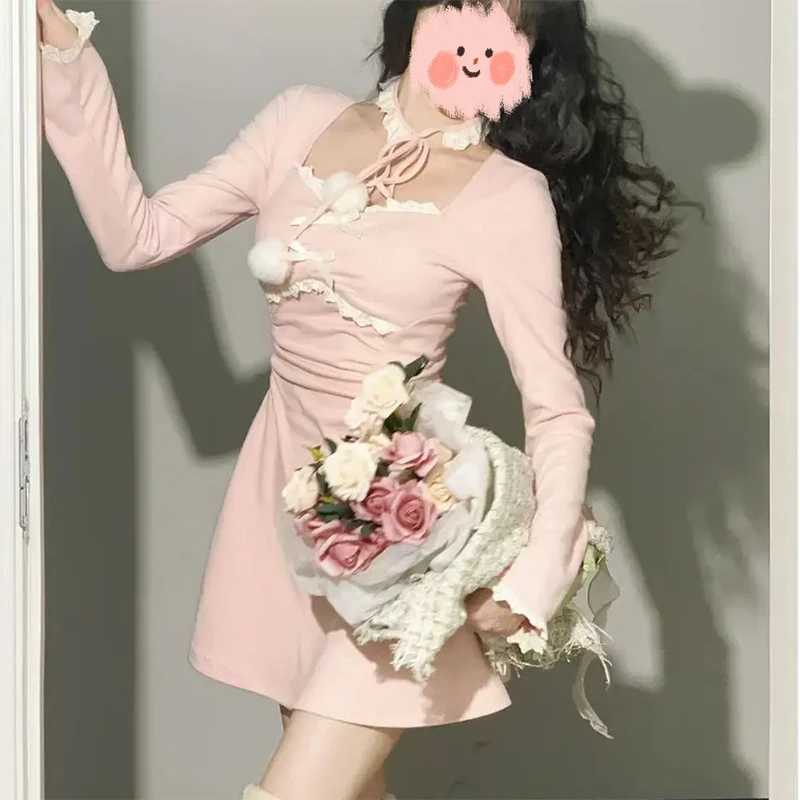 【初恋】德绒加厚法式纯欲挂脖方领连衣裙女冬粉色短裙设计感121#