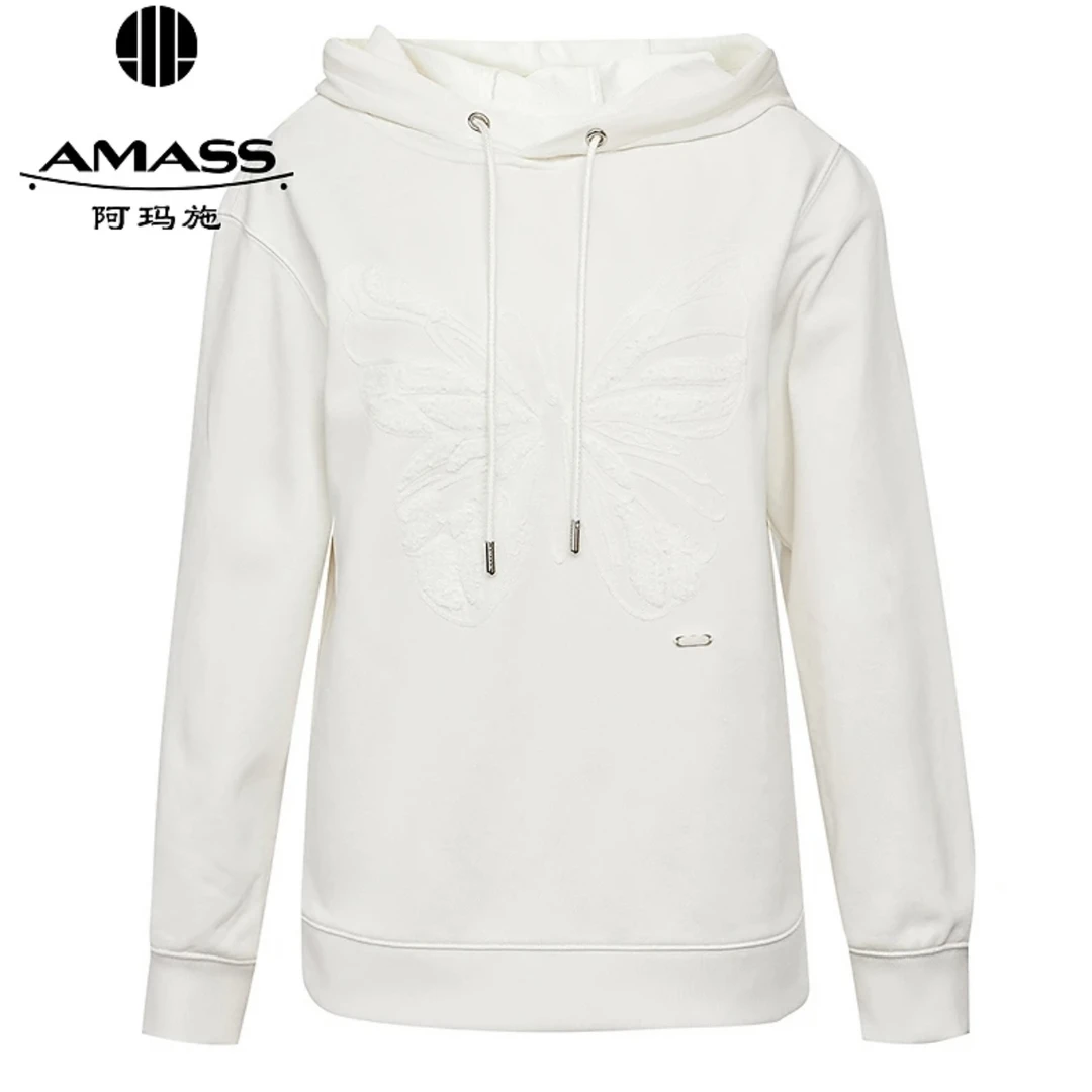 阿玛施AMASS 蝴蝶花锁链勾毛裁片绣连帽宽松长袖套头卫衣女530095
