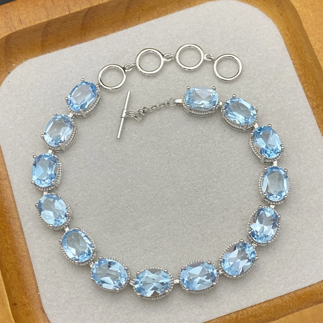 天然天空蓝托帕石手链s925银 主石6*8mm 经典简约大方满圈百搭A