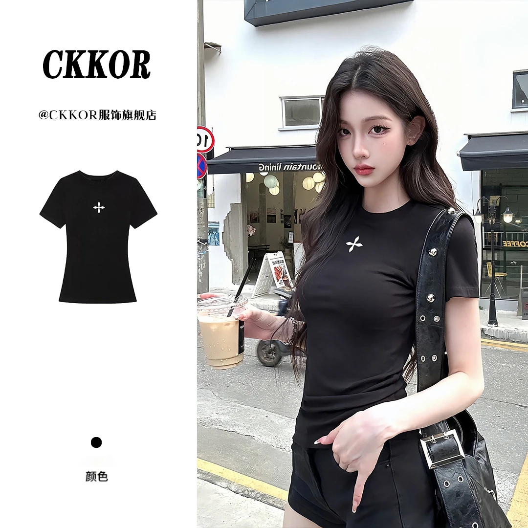 CKKOR夏季修身正肩圆领短袖t恤女新款辣妹风穿搭显瘦ins欧美上衣