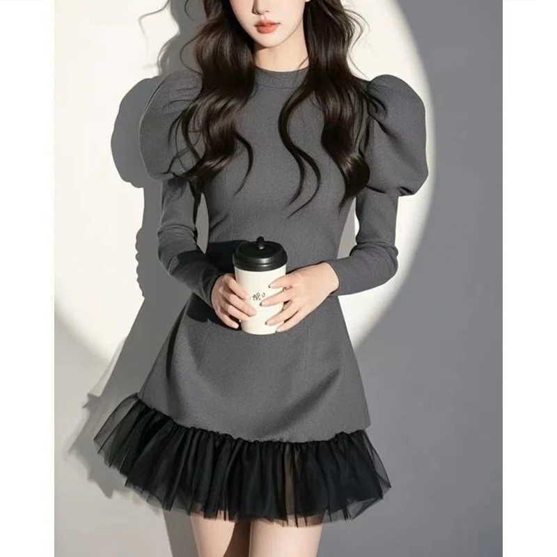 法式网纱拼接泡泡袖连衣裙女春装2025春季新款洋气小个子包臀裙子