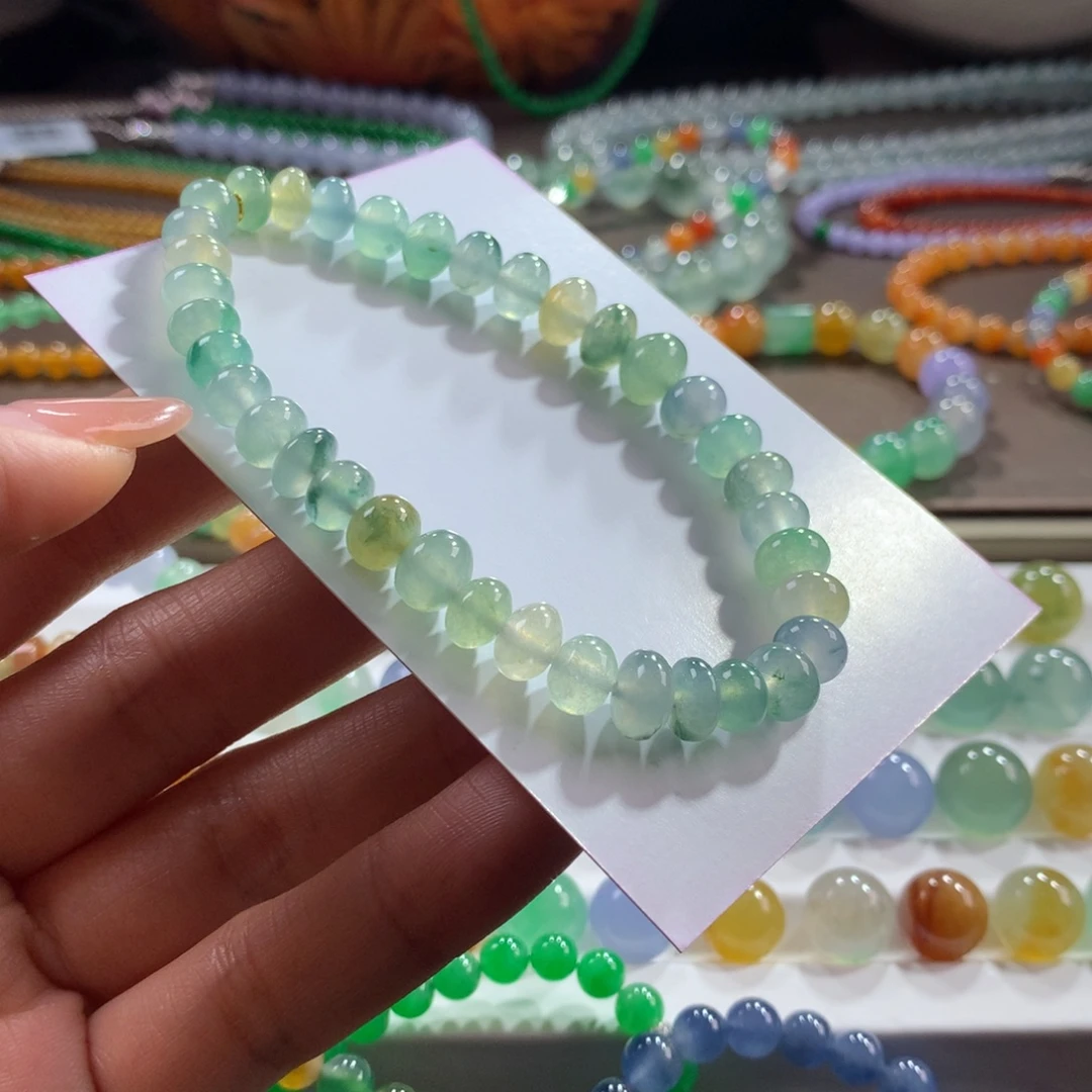 翡翠未镶嵌手链冰润幻彩鼓珠卡6.8-8