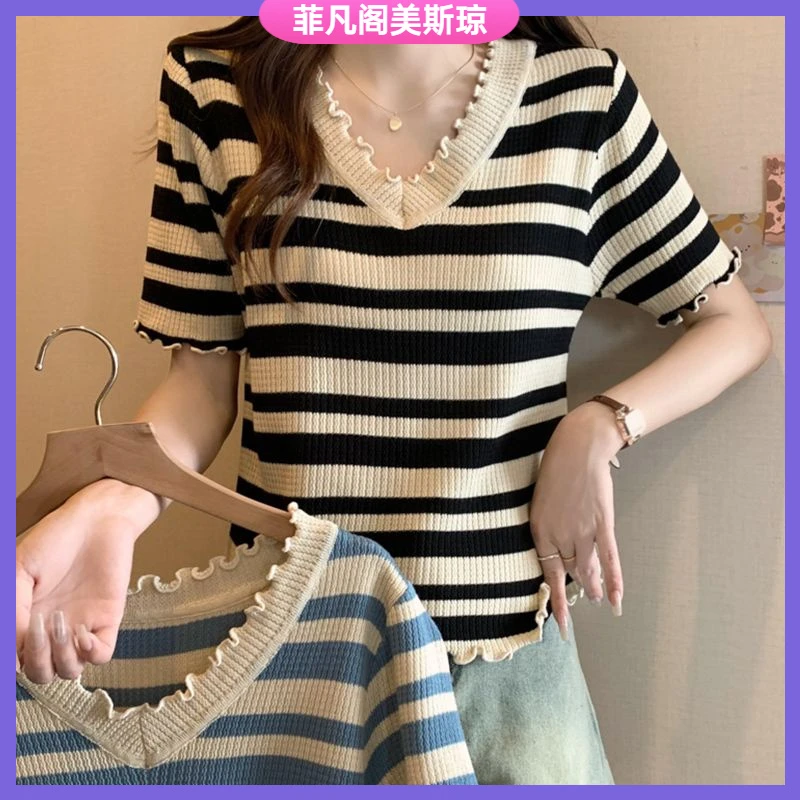 I冰丝条纹短袖T恤女夏季修身百搭木耳边针织衫正肩薄款短上衣l