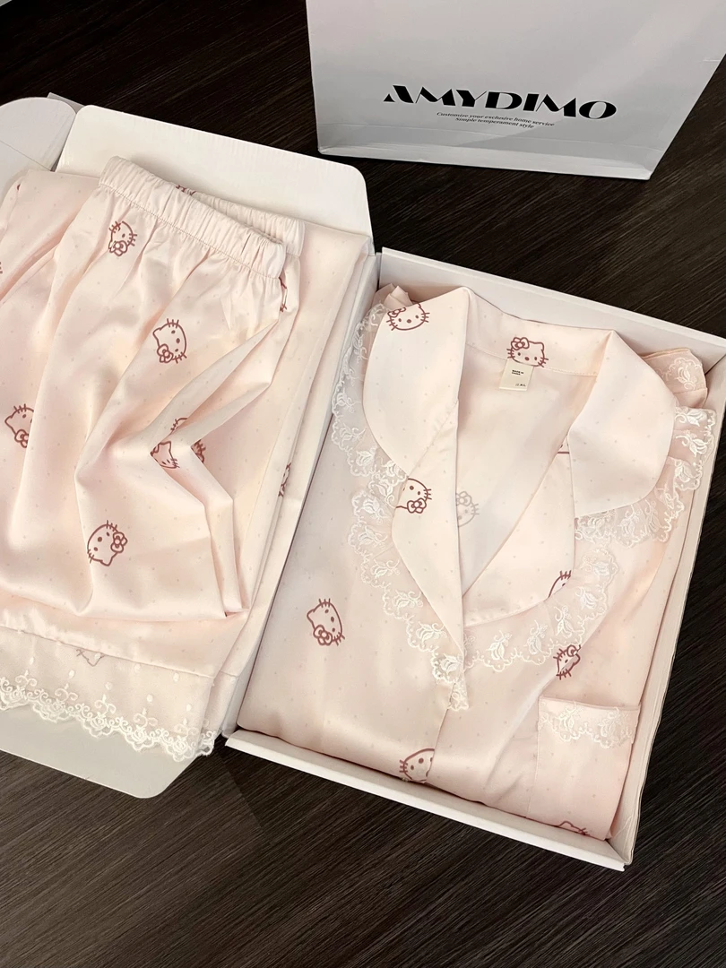 甜美清新Kitty冰丝睡衣女春秋新款长袖长裤蕾丝花边高级感家居服