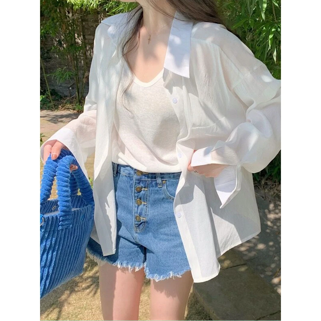 法式冰丝防晒衬衫女夏天丝薄款衬衣高级感超仙长袖防晒衣上衣外套