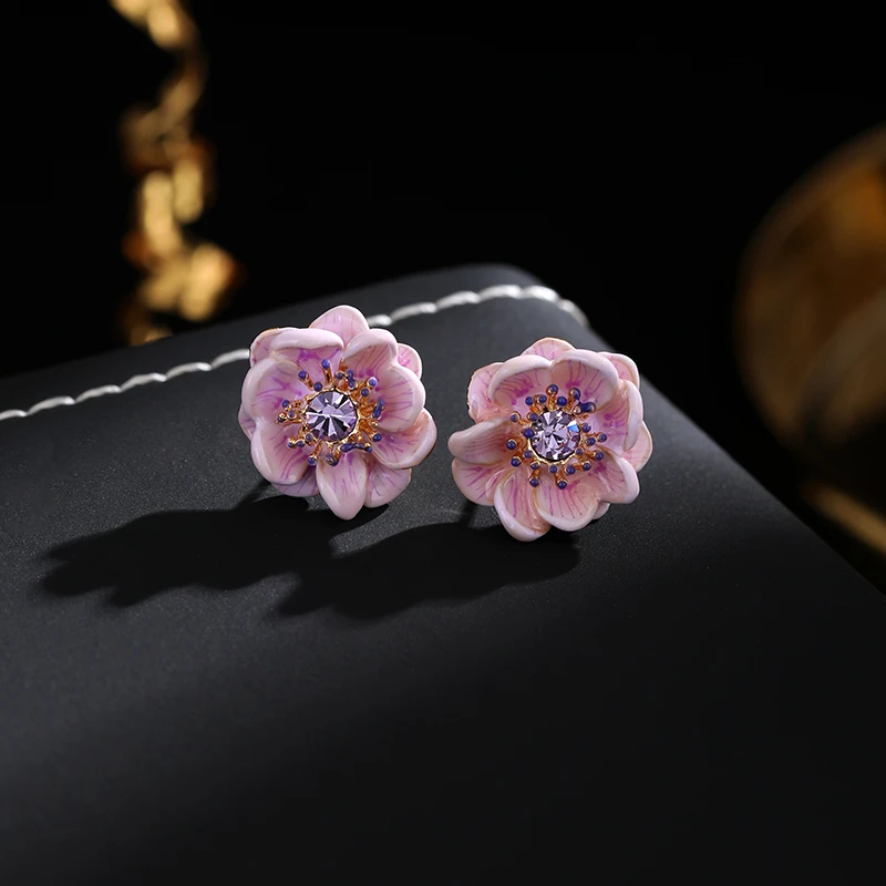 铜合金耳饰 《货号7686》紫色珐琅彩绘小花耳钉