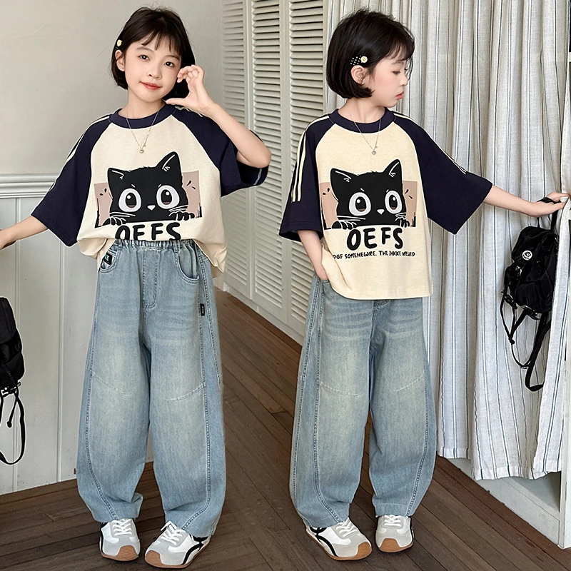 女童夏装套装小女孩洋气儿童夏季薄款短袖T恤中大童牛仔弯刀裤潮t