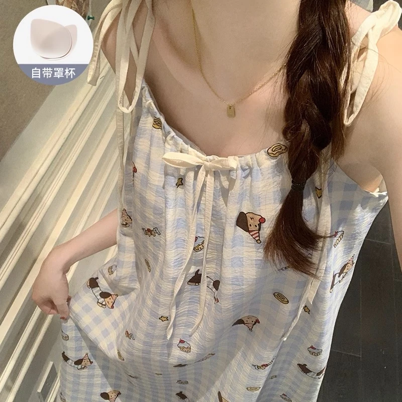 带胸垫睡衣女夏季薄款性感可爱蓝白格子小狗吊带睡裙可外穿家居服