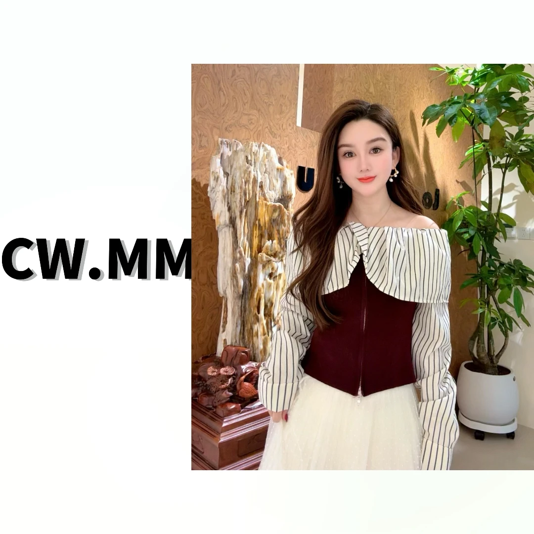 --CW.MM【琥珀流光】洋气拼接设计条纹百搭修身羊毛上衣