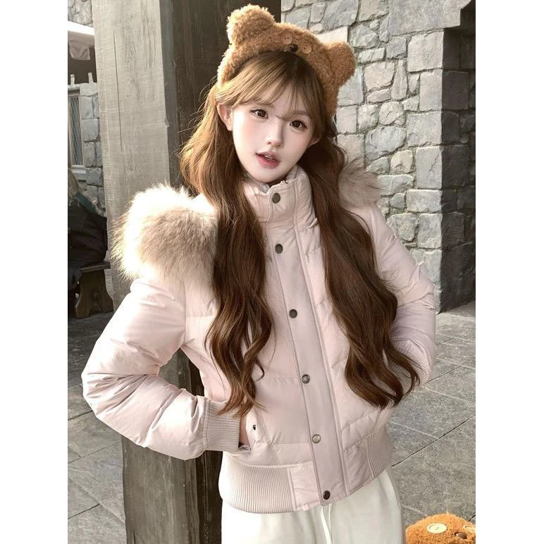 甜美韩系粉色毛领连帽棉服外套女冬季温柔风显瘦百搭保暖面包服潮