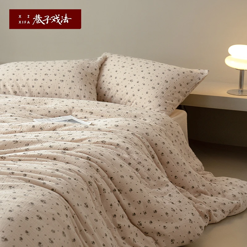 巷子戏法A类纯棉全棉四件套简约床单被套双层纱床上用品被罩被单