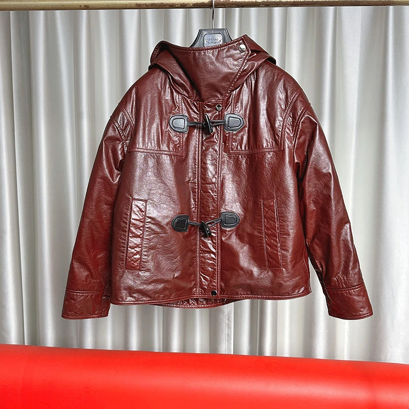 冬季新款小个子海宁真皮羽绒服女大码油蜡头层牛皮真皮皮衣连帽