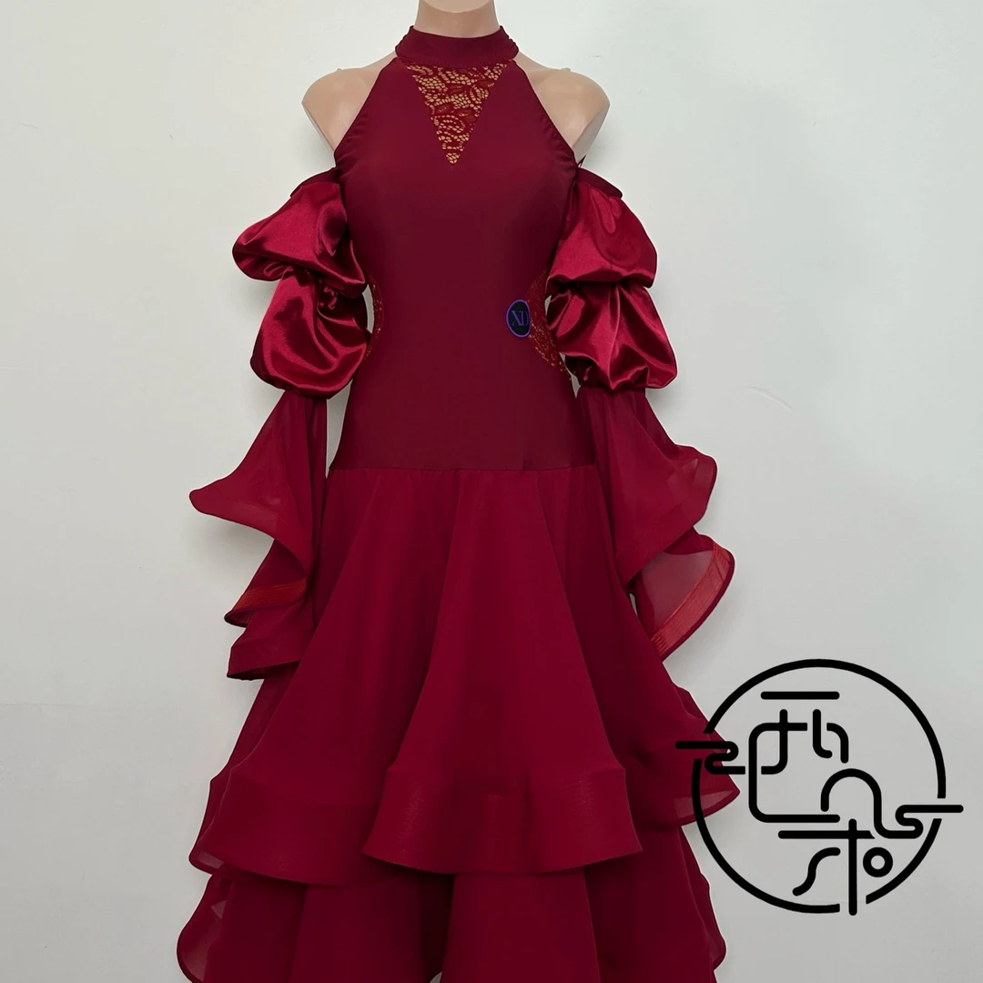 西朵舞服摩登舞酒红色蕾丝拼接款灯笼袖高档表演裙连体裙XD526