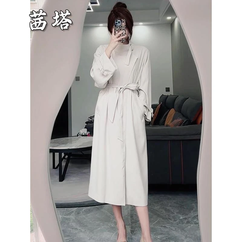 白色立领中长款风衣外套女2025秋季新款高级感垂感系带大衣小个子