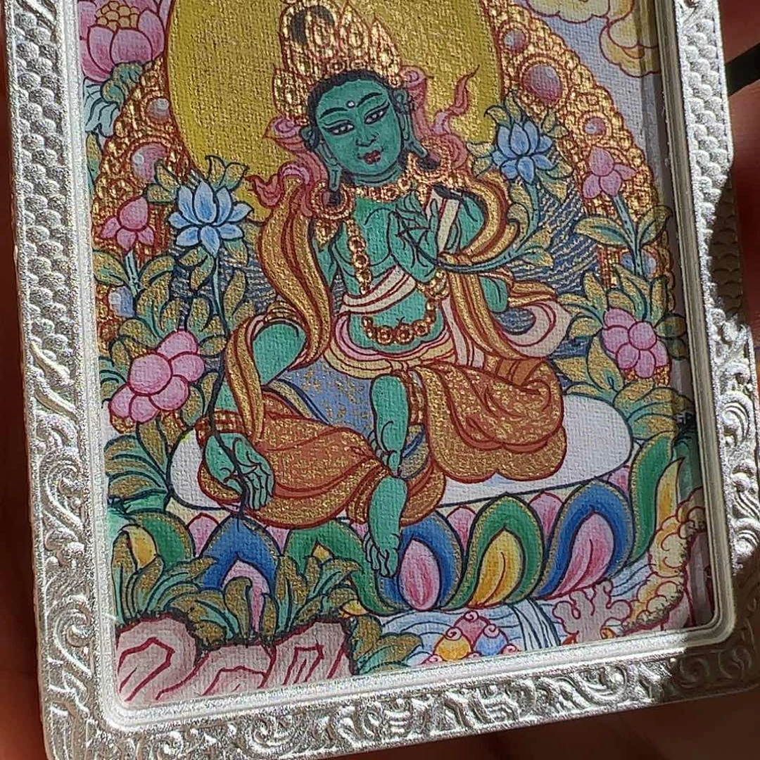 吊坠热贡手绘绿度母唐卡