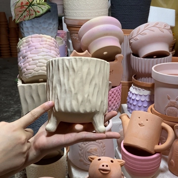 13×14白陶三脚树纹 粗陶1个