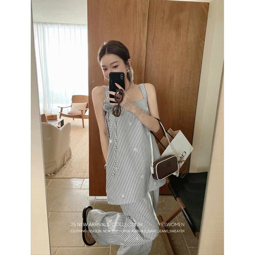 YESWOMEN薄荷条纹集·苎麻棉混纺珠片绣花 松弛感XYF6354F1225B