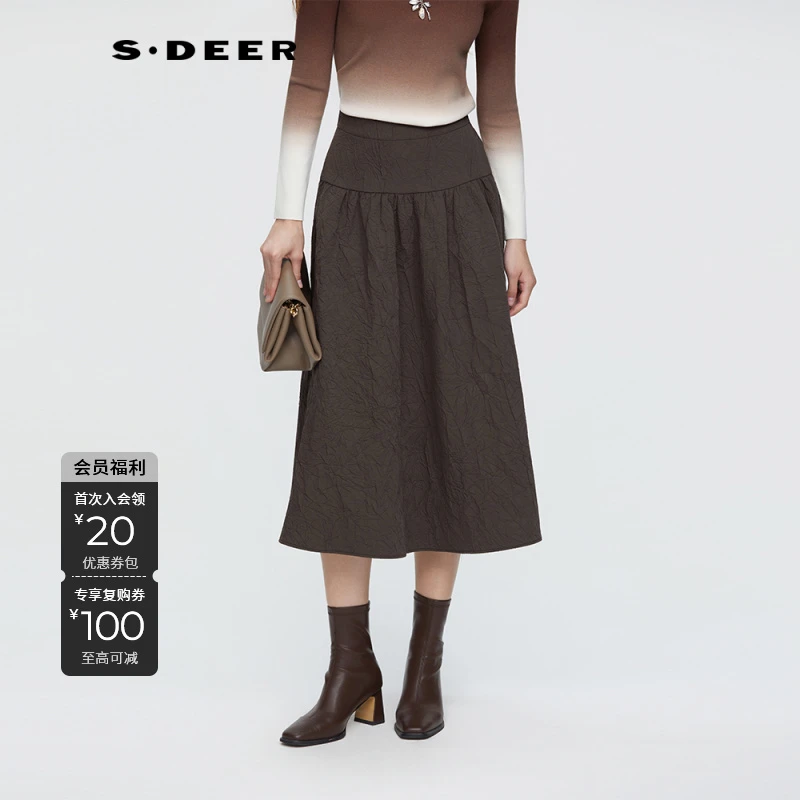 S·DEER圣迪奥秋季百搭高腰显瘦法式卡其百褶半身裙S253Z1143