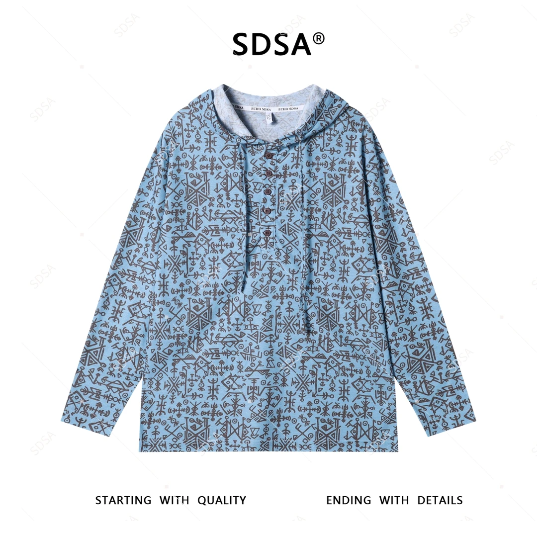 SDSA男士秋冬新款轻奢痞帅男装满印抽象图案半纽扣连帽长袖T恤潮