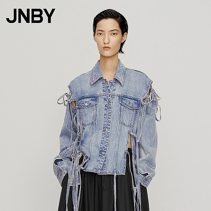 JNBY/江南布衣春季牛仔外套女镂空织带宽松夹克式外套5MB600410