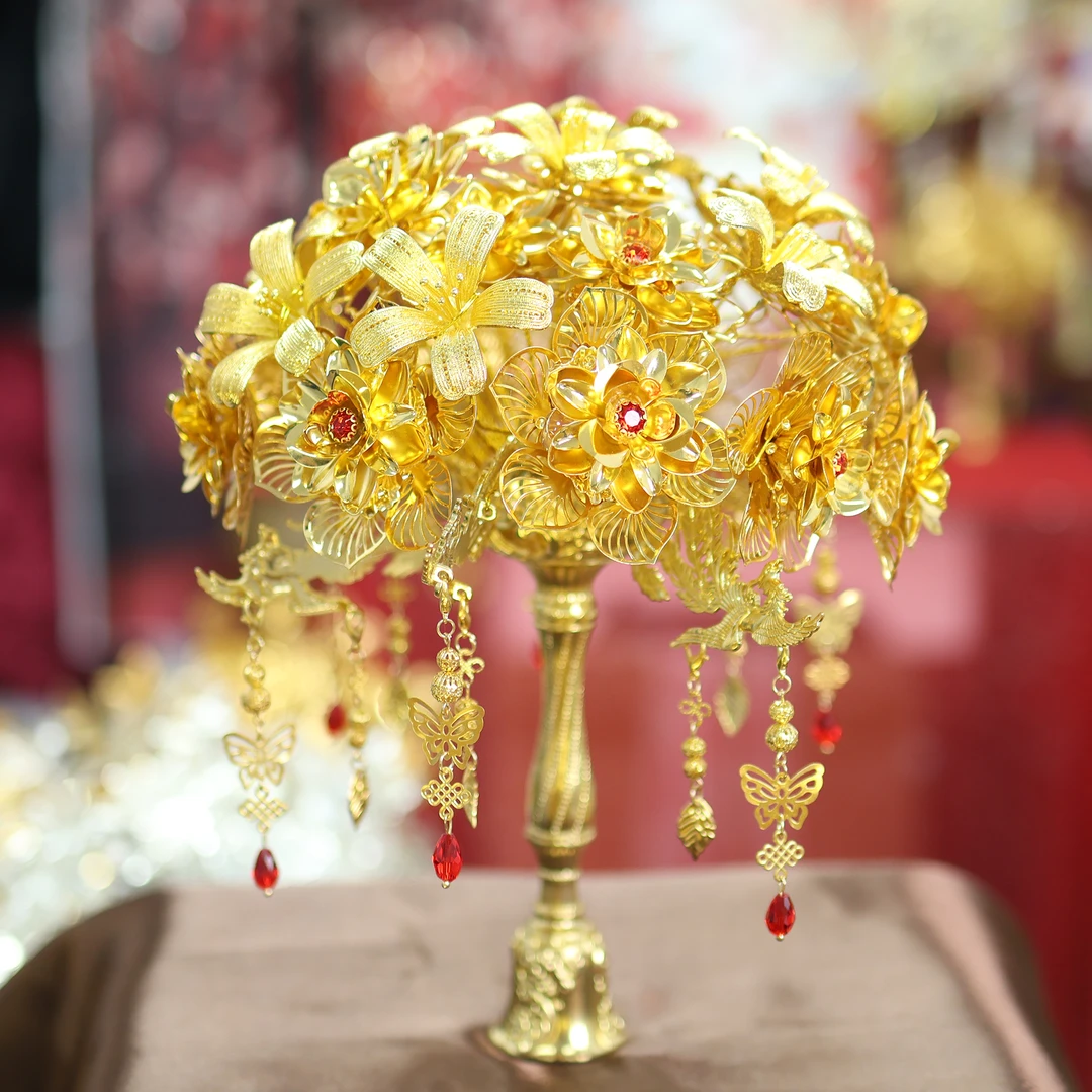 古风新娘结婚高档金色百合花DIY材料包成品中式搭配旗袍秀禾配饰
