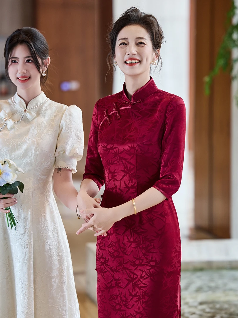 高档进口三醋酸竹叶暗花旗袍喜妈妈婆婆婚宴新中式