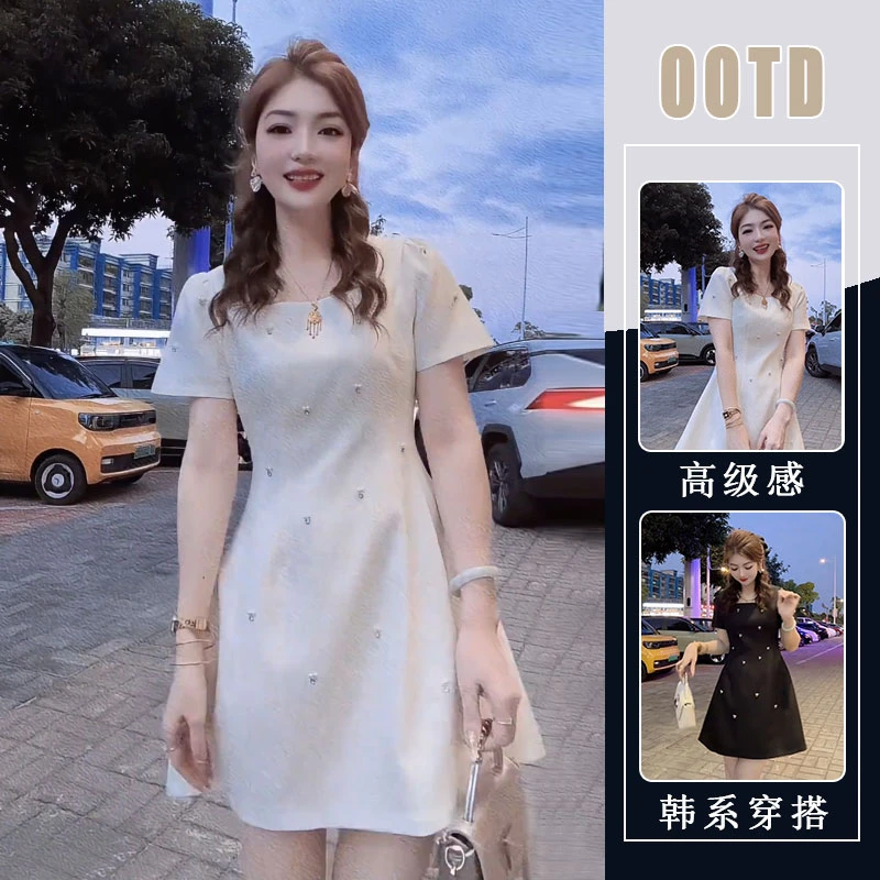 小香风钉珠泡泡袖连衣裙女2025夏季新款方领收腰显瘦气质A字裙子