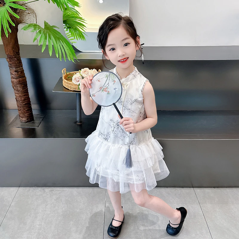 L106女童新中式旗袍连衣裙复古公主风宝宝网纱裙子夏季新款小女孩