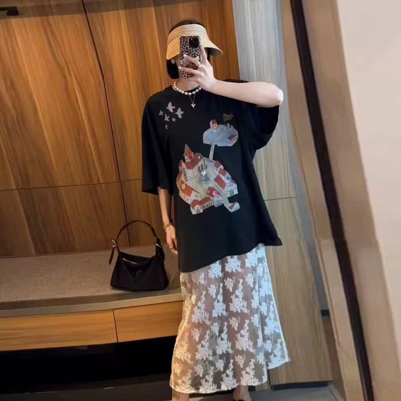 套装女2025新款爆款洋气印花字母半袖T恤潮流百搭蕾丝长裙两件套