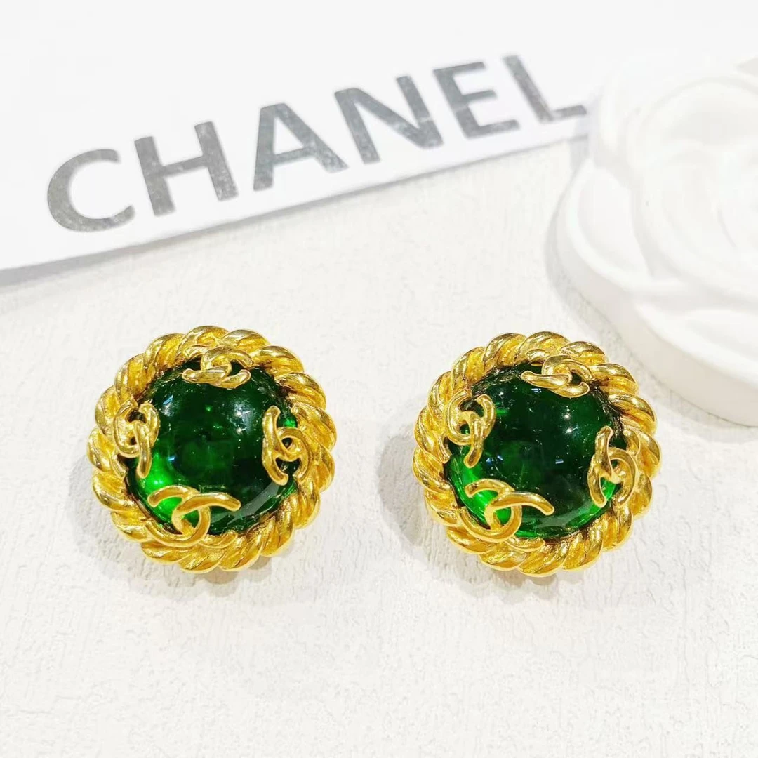 95新 Chanel/香奈儿 中古绿琉璃双C耳夹/M65003