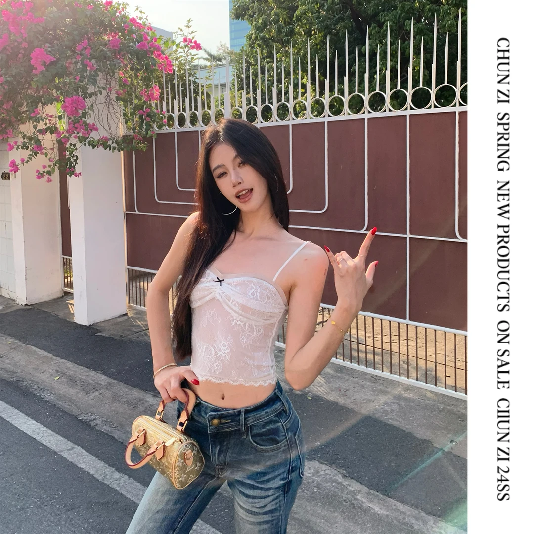 【CHUN ZI】微醺时刻 白色蝴蝶结蕾丝吊带背心纯欲修身无袖内搭上衣