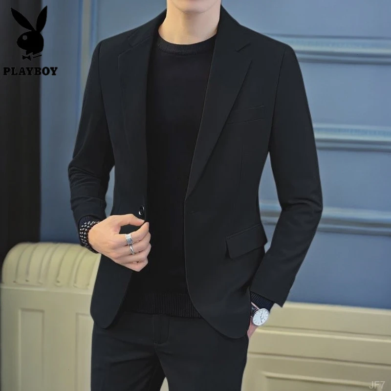 花花公子黑色韩版西服套装潮流冬季休闲外套高级感男装修身正装