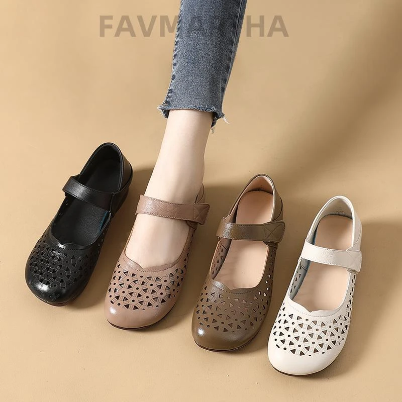 真皮凉鞋女夏季镂空妈妈鞋单鞋牛筋底软底中老年舒适洞洞皮鞋大码