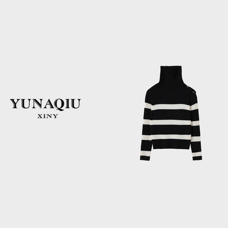 YUNAQIU黑白设计师时尚秋冬百搭经典撞色长袖针织衫-8332