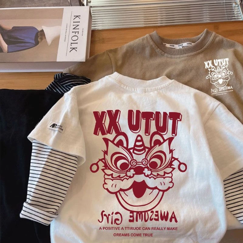 纯棉男童长袖t恤2024春秋新款中国风穿搭痞帅假两件外穿女宝上衣