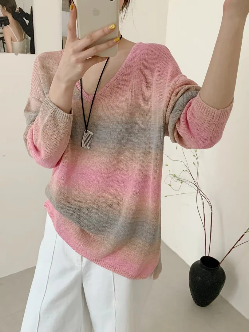【夏.和纸纱】高端和纸纱 渐变扎染糖果色系女针织衫 透气宽松防晒