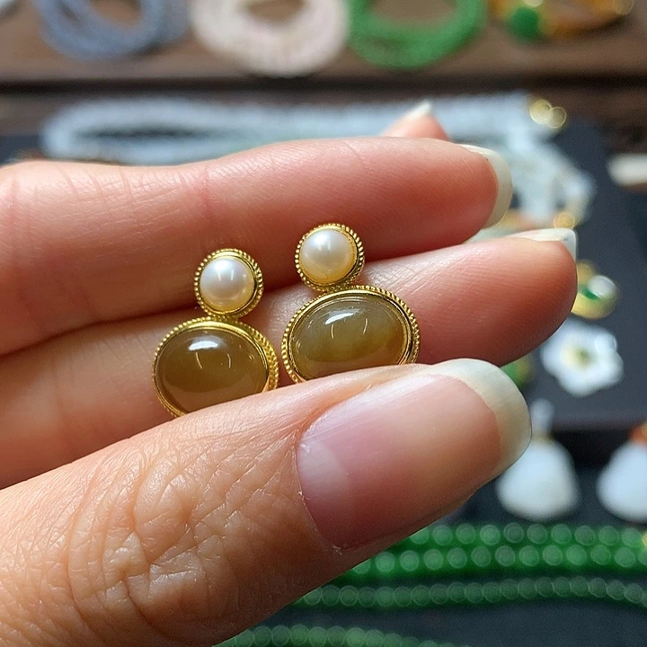 和田玉耳饰银S925镶嵌