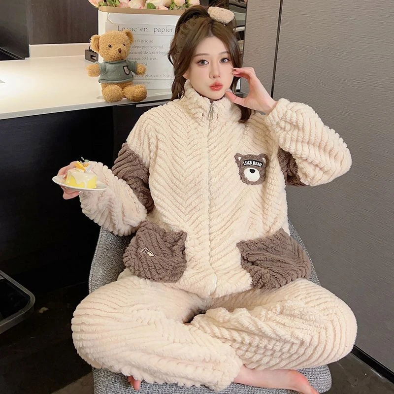 新百伦【奥莱】秋冬新款珊瑚绒睡衣女加厚保暖拼色高领拉链套装网红