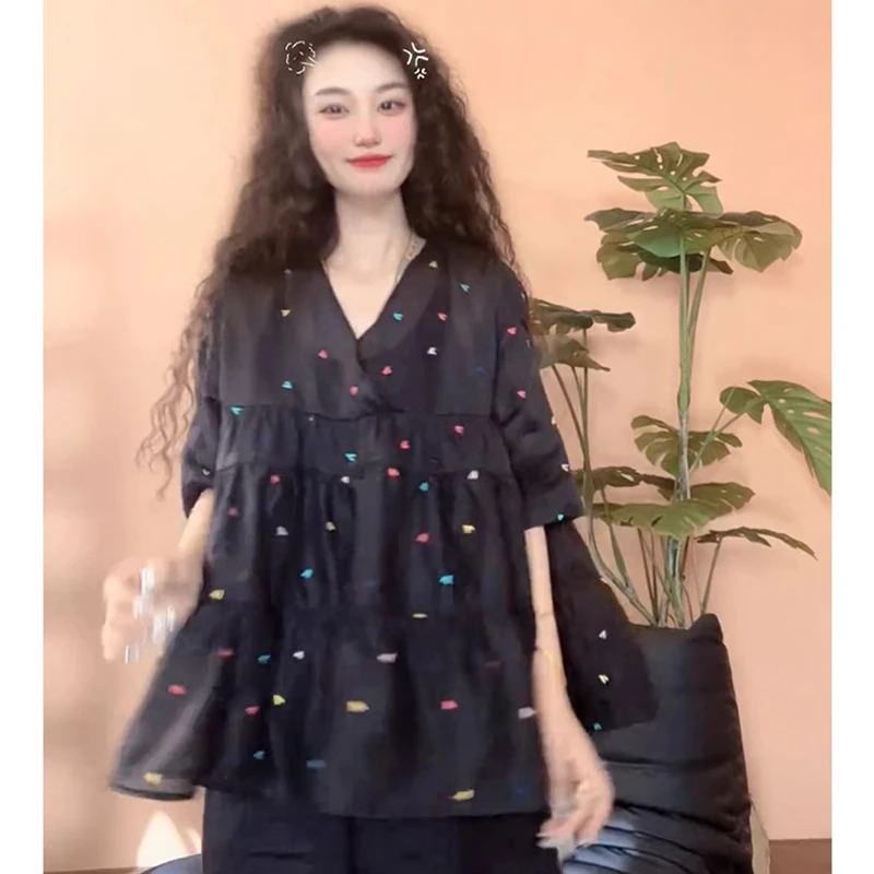 韩版百搭宽松显瘦V领爱心衬衫女2025夏季新款洋气休闲套头上衣潮