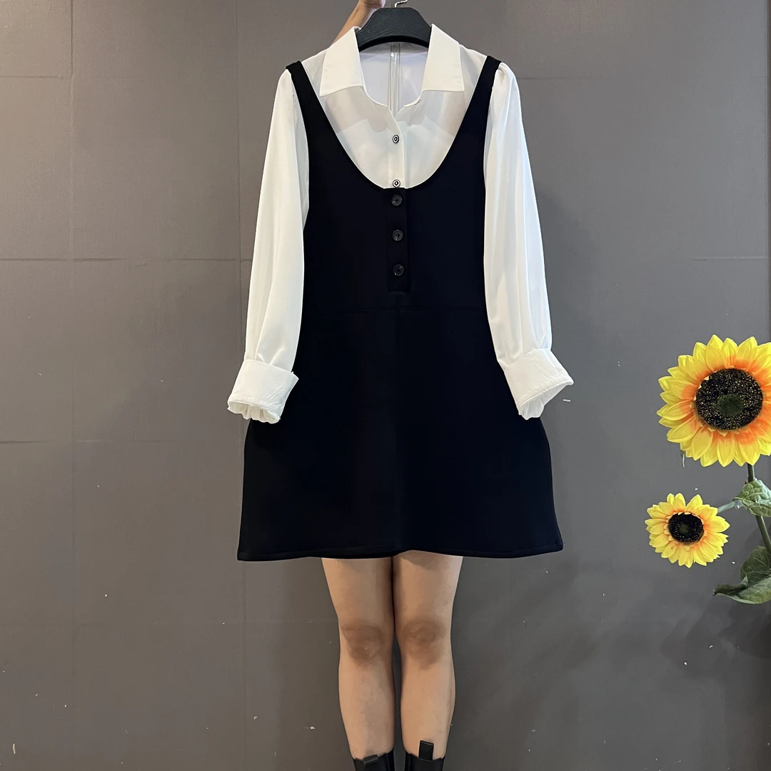 法式赫本风长袖衬衫搭配吊带连衣裙遮肉显瘦洋气两件套