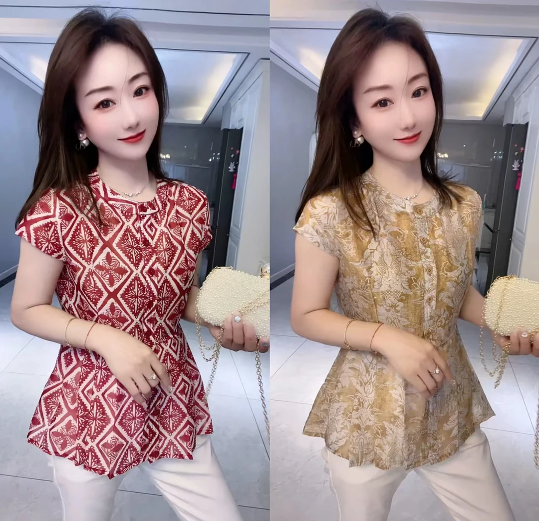 新款立领单排多扣1g短袖夏季印花衬衫百搭女装欧若假日风X6977