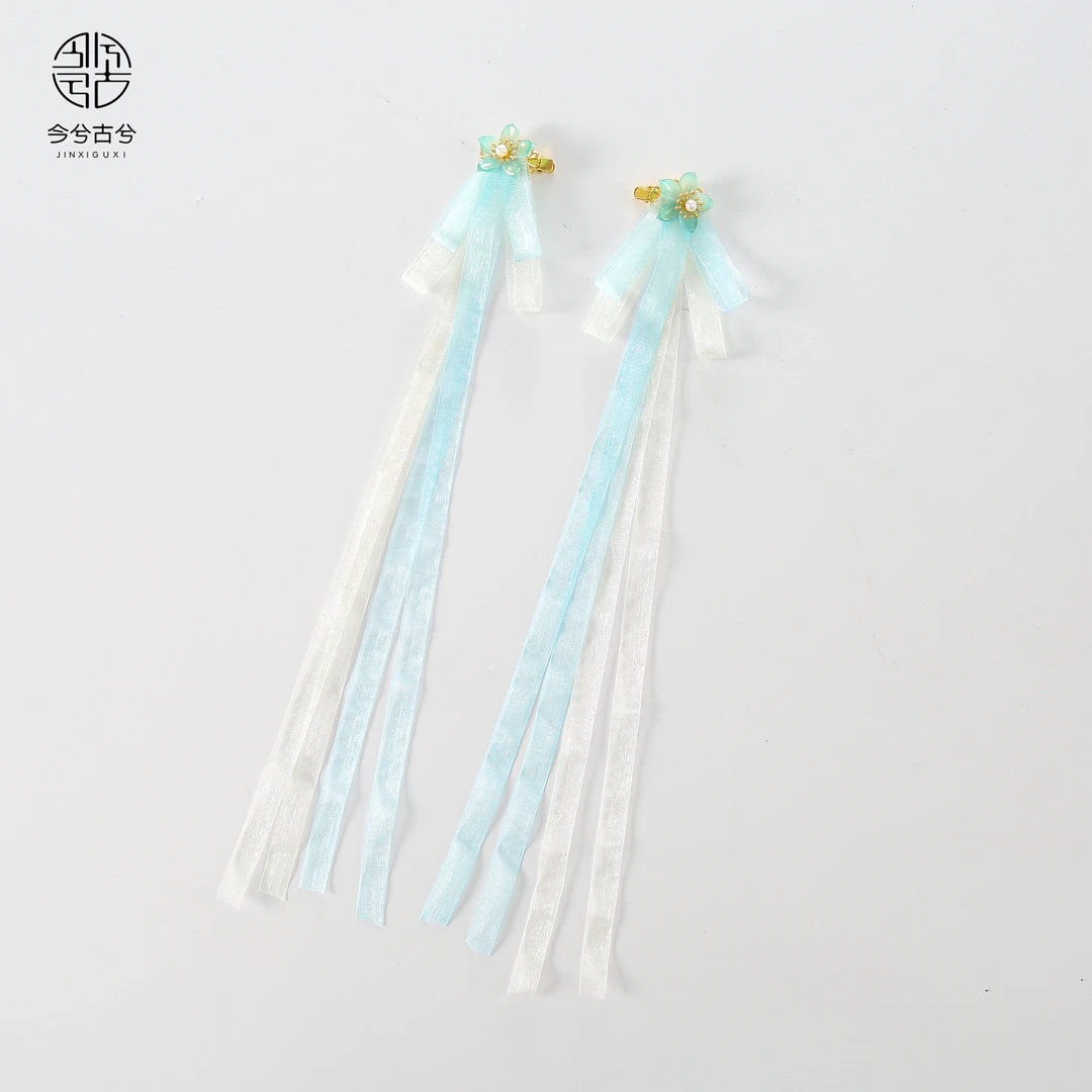 儿童古风浅绿飘带花朵发饰一对