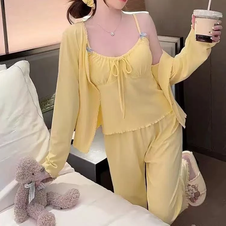 春季秋季睡眠长袖睡衣家居服套装居家保暖休闲三件套显白显身材