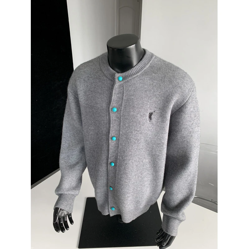 灰色小马标刺绣针织开衫外套男秋季松弛感老钱风cleanfit毛衣夹克