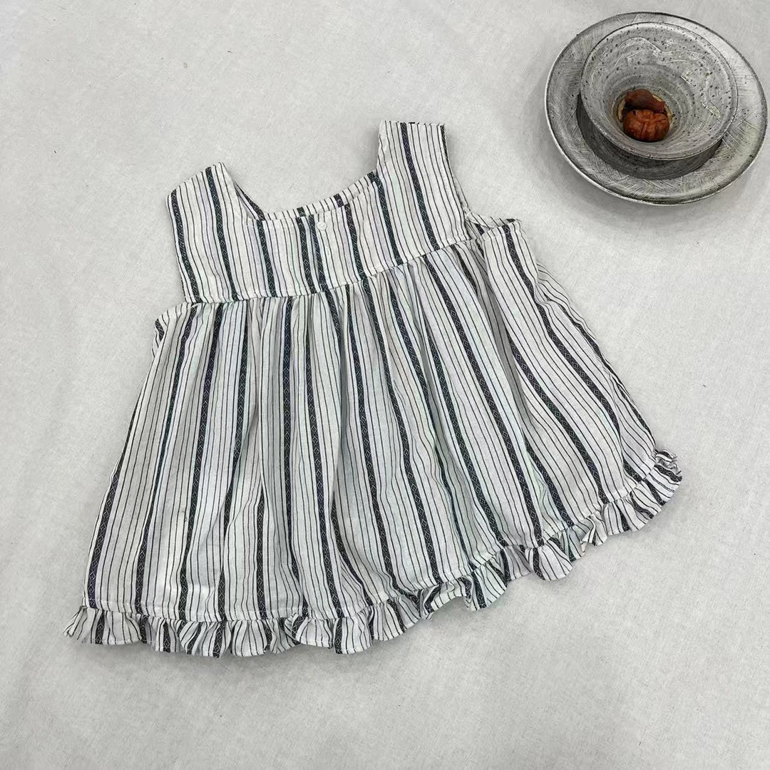 〖姐姐家〗2025夏款儿童无袖竖条纹花边娃娃衫衬衫8683 bt6242