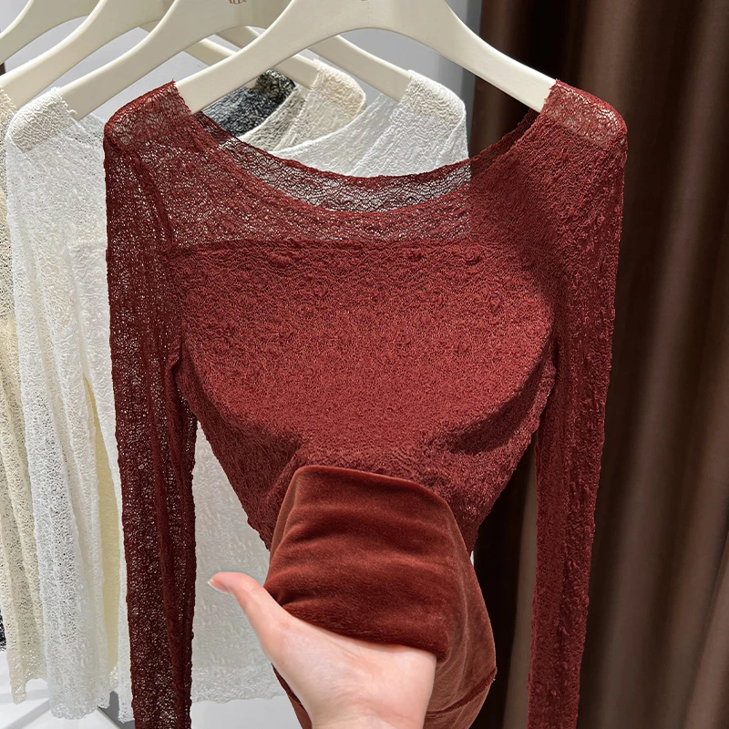 安可拉红圆领加绒蕾丝长袖打底衫秋冬款内搭加厚保暖时髦洋气上衣