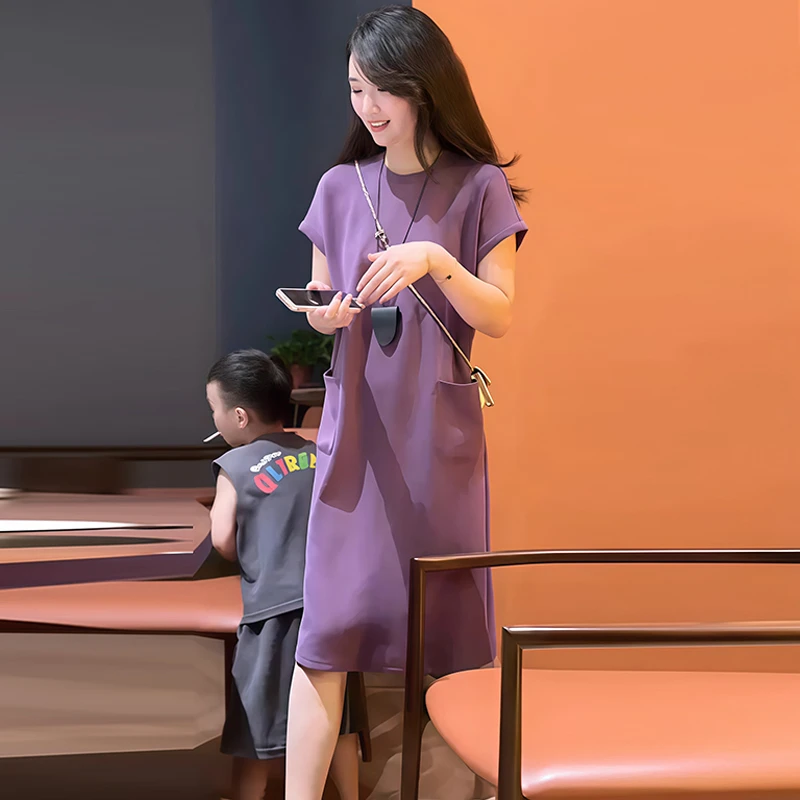 高含棉韩版时尚洋气纯色短袖连衣裙女2025年夏季新款宽松显瘦裙子