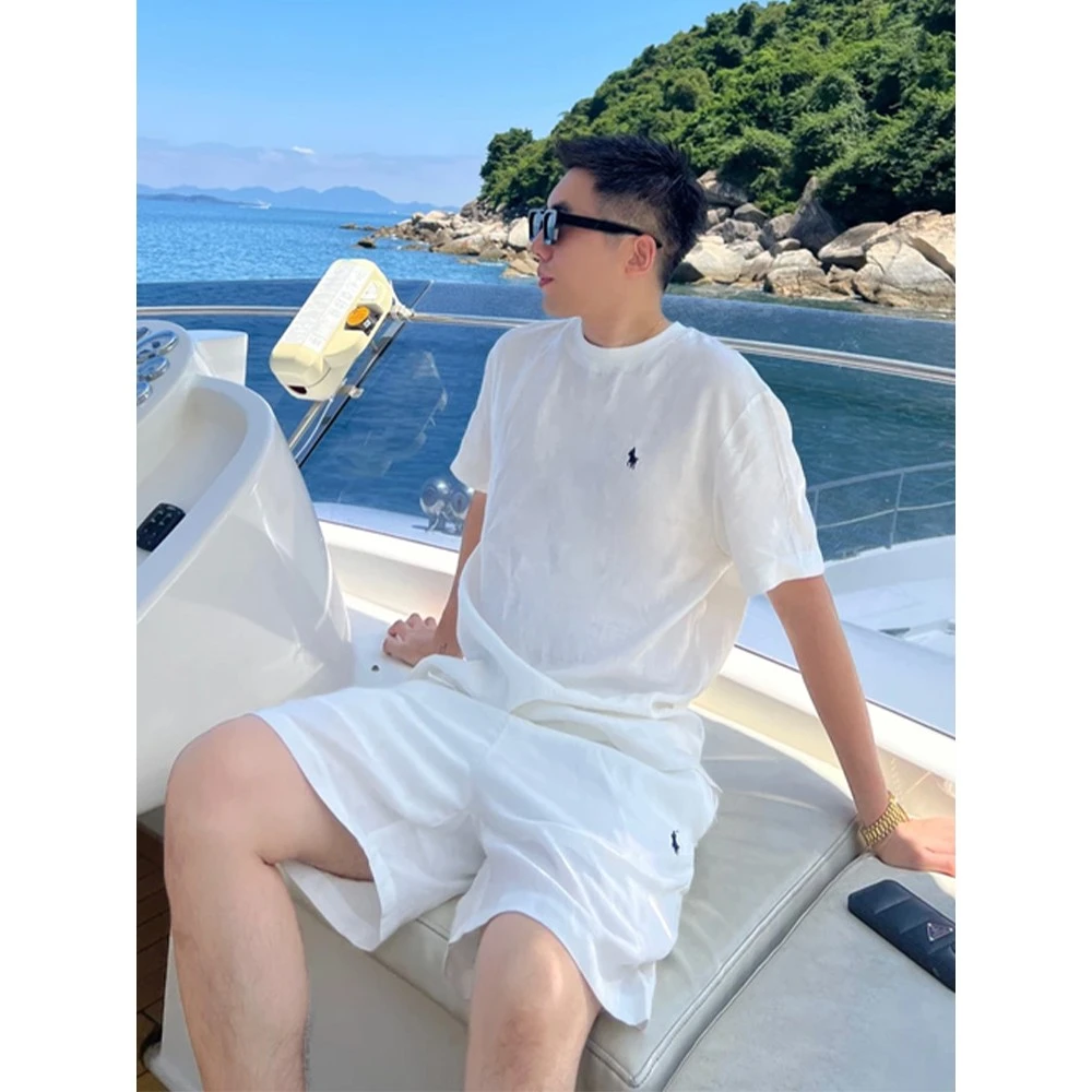 【亚麻套装】夏季薄款老钱风小马刺绣t恤夏季男生穿搭帅气一整套